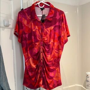 Torrid Red and Pink Ruched Button Down Polo Top